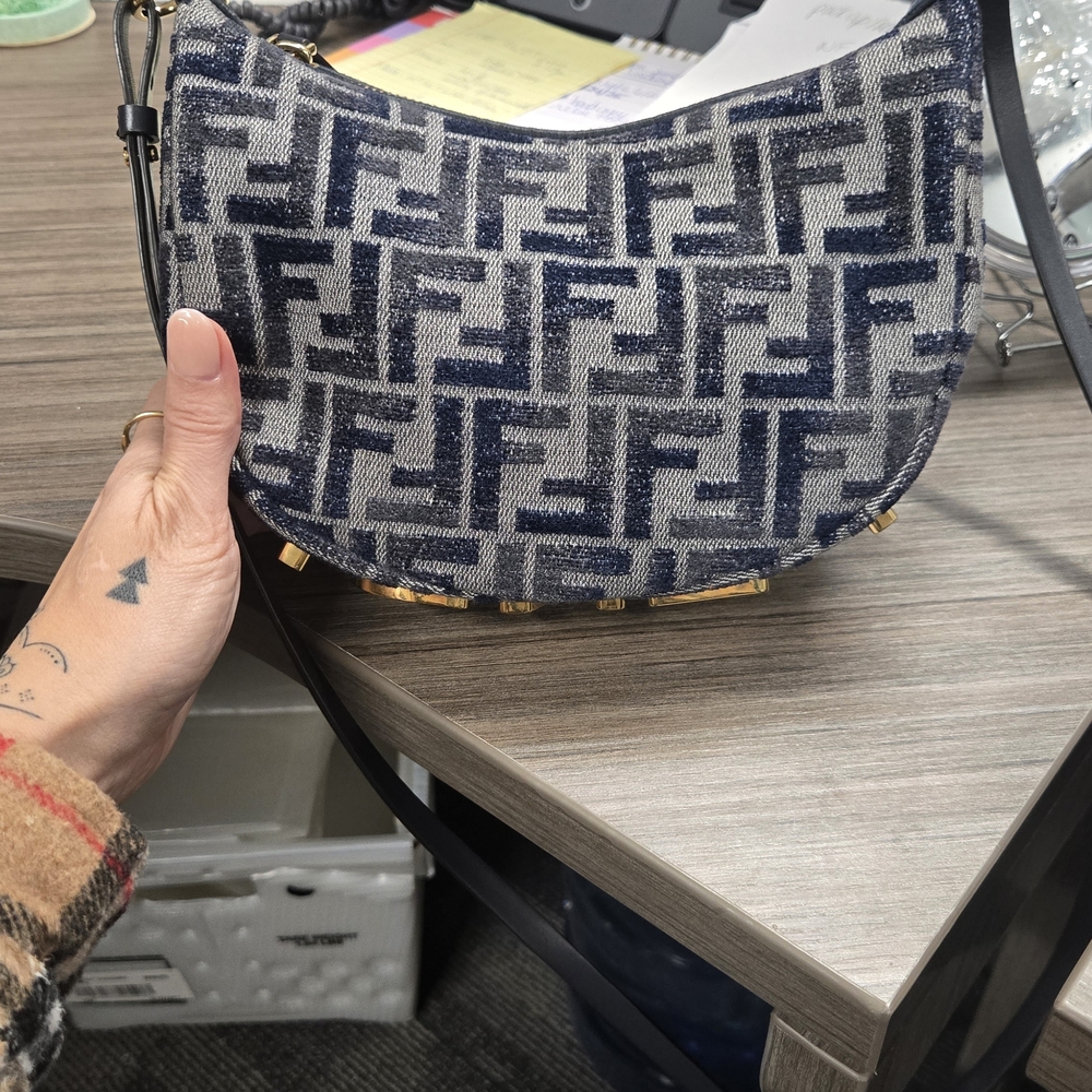 Fendi Chenille Mini Fendigraphy Hobo Bag Blue